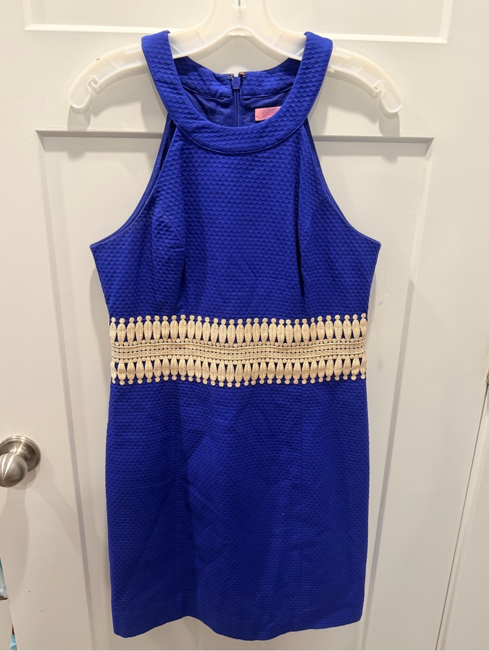 Lilly Pulitzer Size 6 Blue Gold Embroidered Sleeveless Sheath Dress